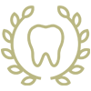 The image displays a stylized icon of a tooth with a wreath surrounding it, featuring a circular arrangement of leaves and a central emblem that resembles a tooth with a smile.